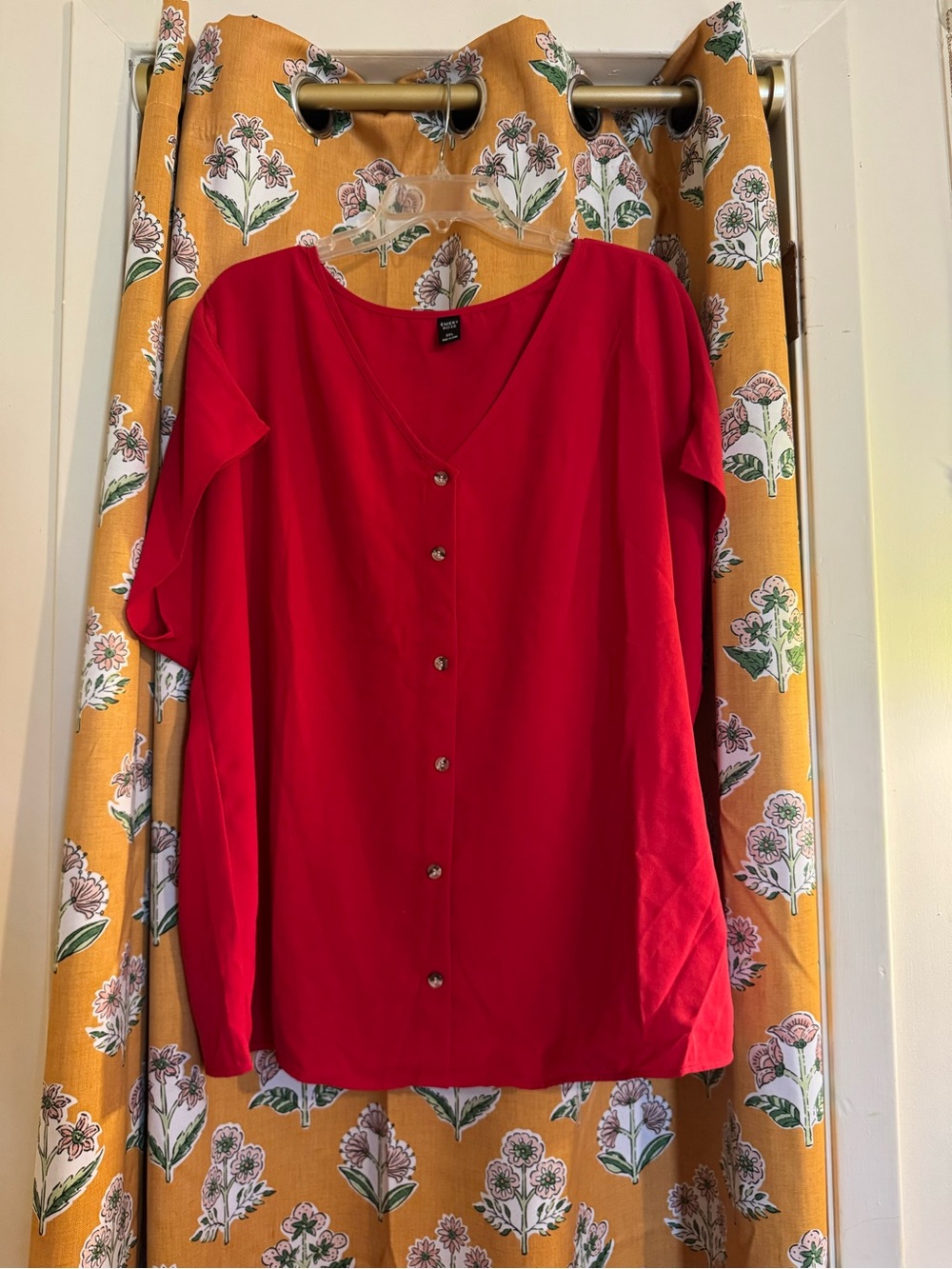 SHEIN Red Button-Front V-Neck Blouse